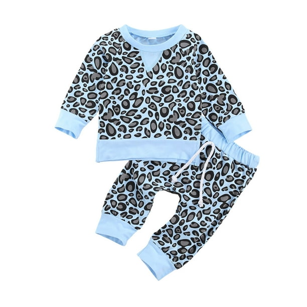 Casual Toddler Baby Girl Boy Leopard Print Top Long Pants Casual Kids Outfit Set 